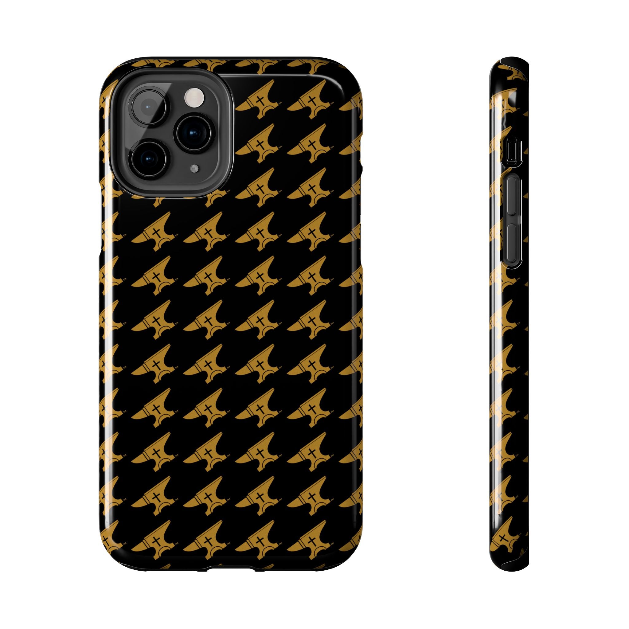 Gold Anvil Pattern Tough Phone Case — Durable Black & Metallic Repeat Design