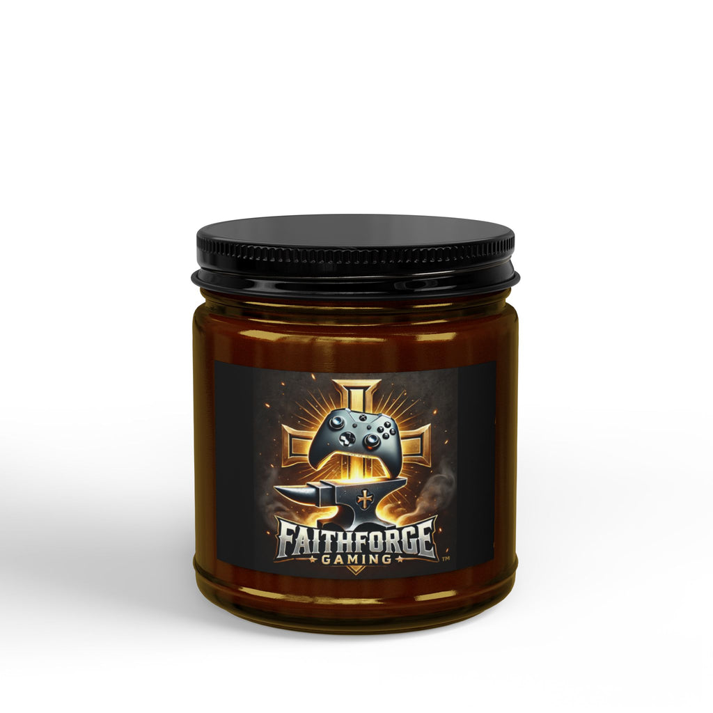 FaithForge Gaming Scented Soy Candle — Amber Jar with Black Lid (4oz & 9oz)