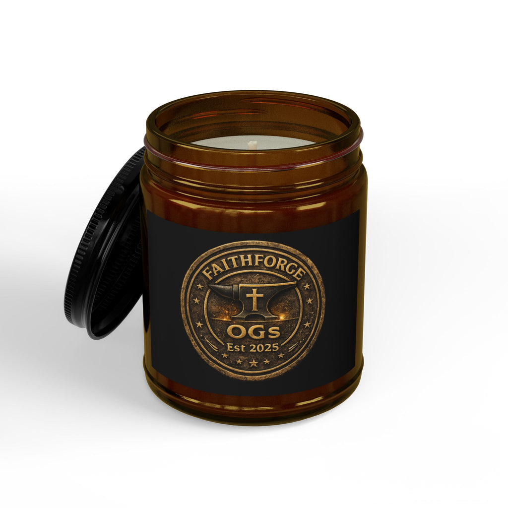 FaithForge Gaming Scented Soy Candle — Amber Jar with Black Lid (4oz & 9oz)