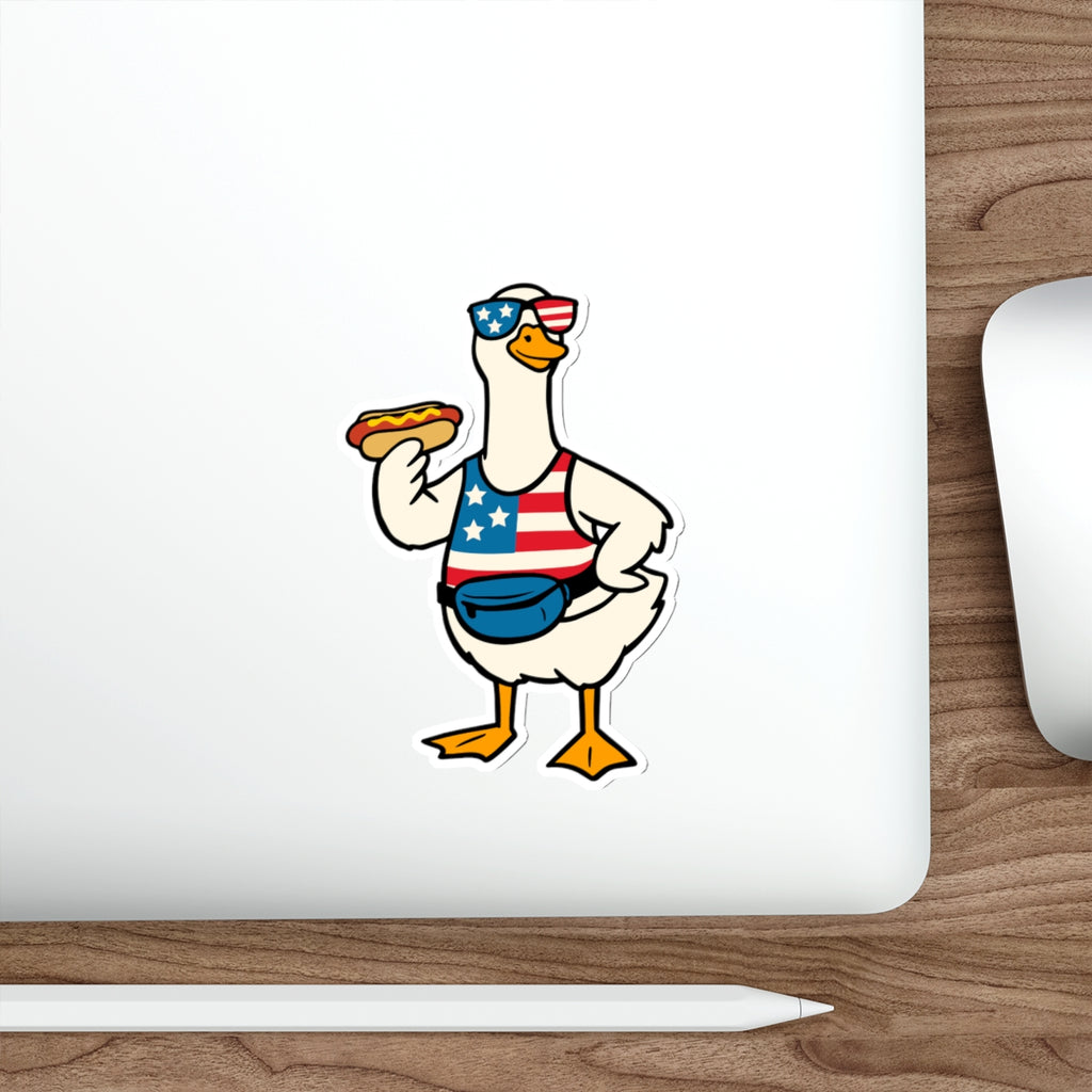 Patriotic Goose Sticker — American Flag Tank, Fanny Pack & Hot Dog Die-Cut Sticker