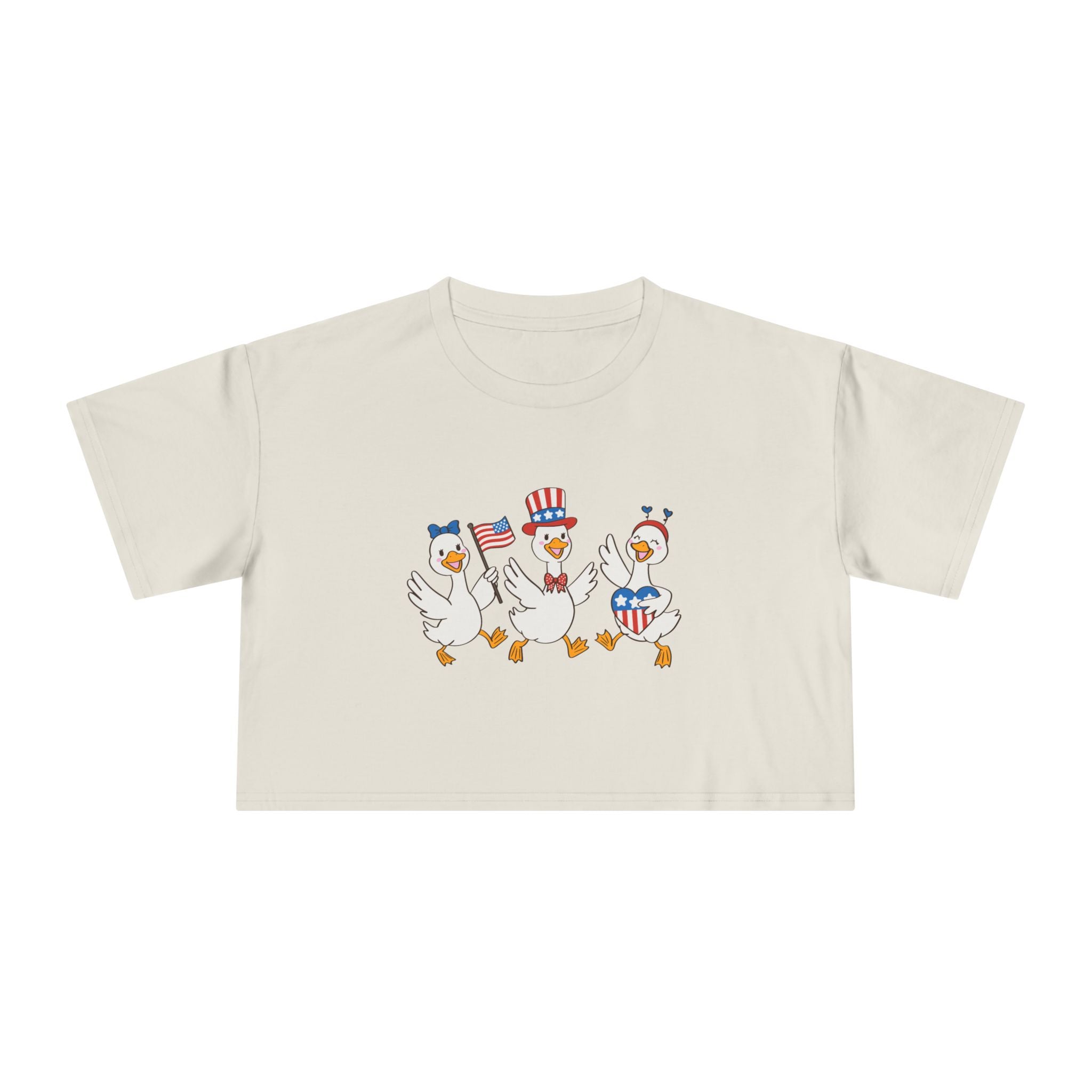 Patriotic Dancing Ducks Women's Crop Tee — 4th of July Cute Flag Design
