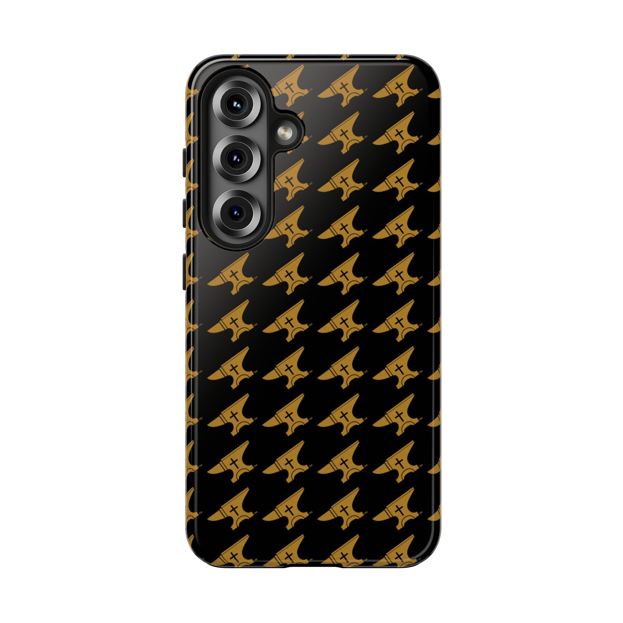 Gold Anvil Pattern Tough Phone Case — Durable Black & Metallic Repeat Design