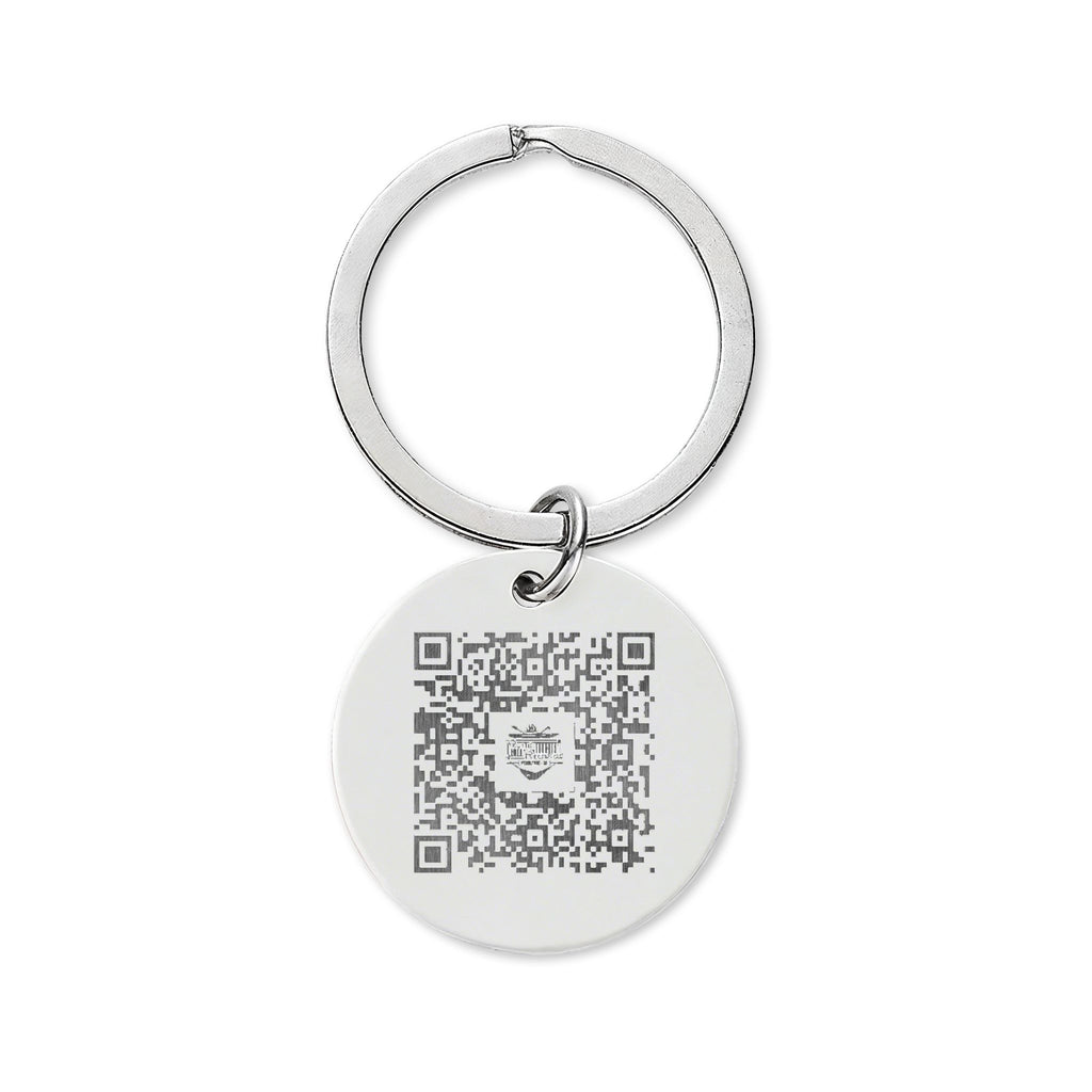 Engraved Stainless Steel Round Keychain – Rustic Rectangle & QR Code