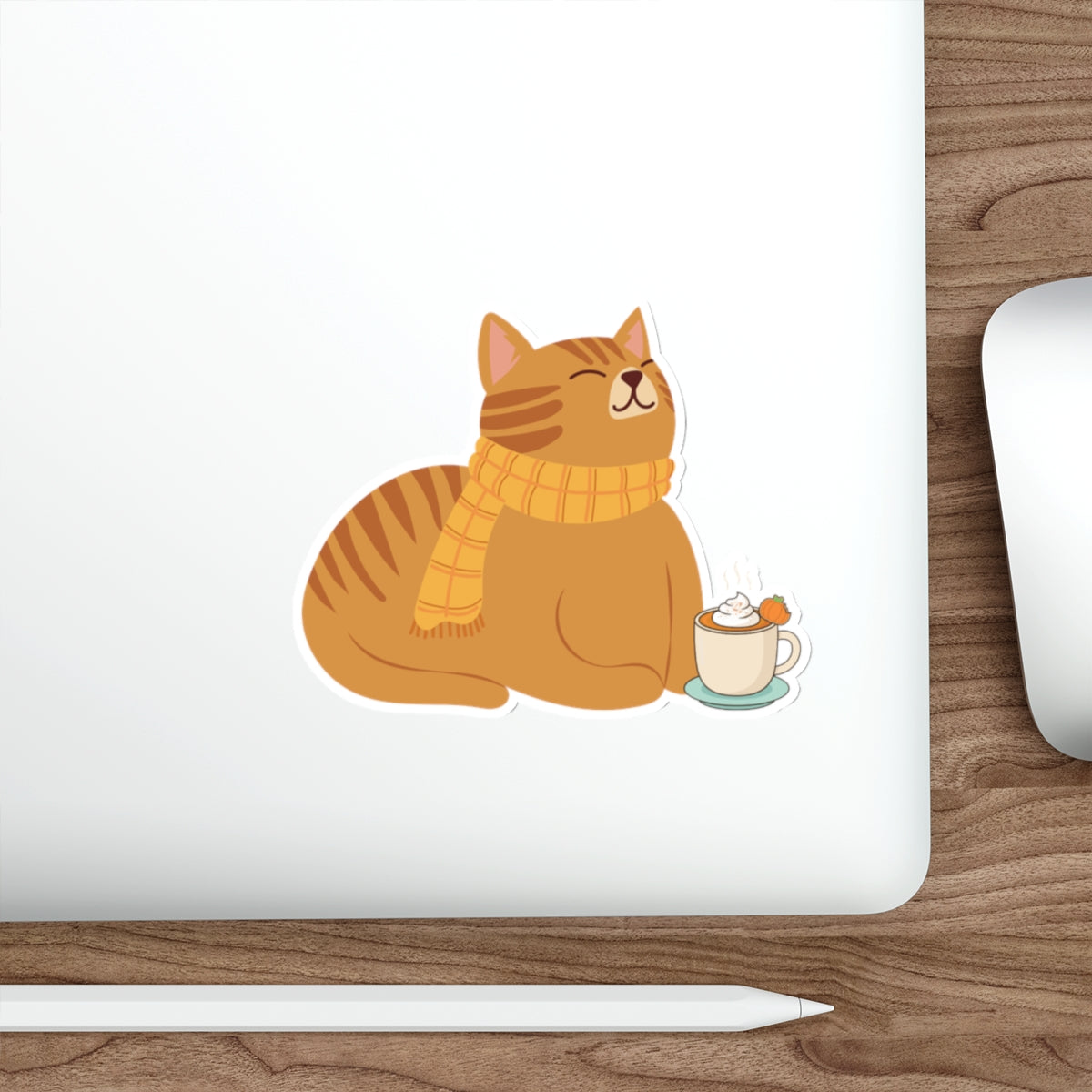Cozy Cat Die-Cut Sticker — Orange Cat with Scarf & Hot Cocoa