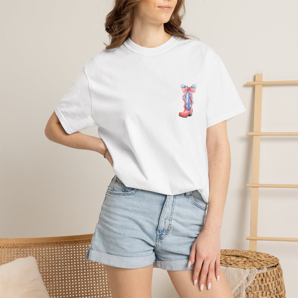 Patriotic Flag Bow T-Shirt — American Stars & Stripes Chest and Back Tee