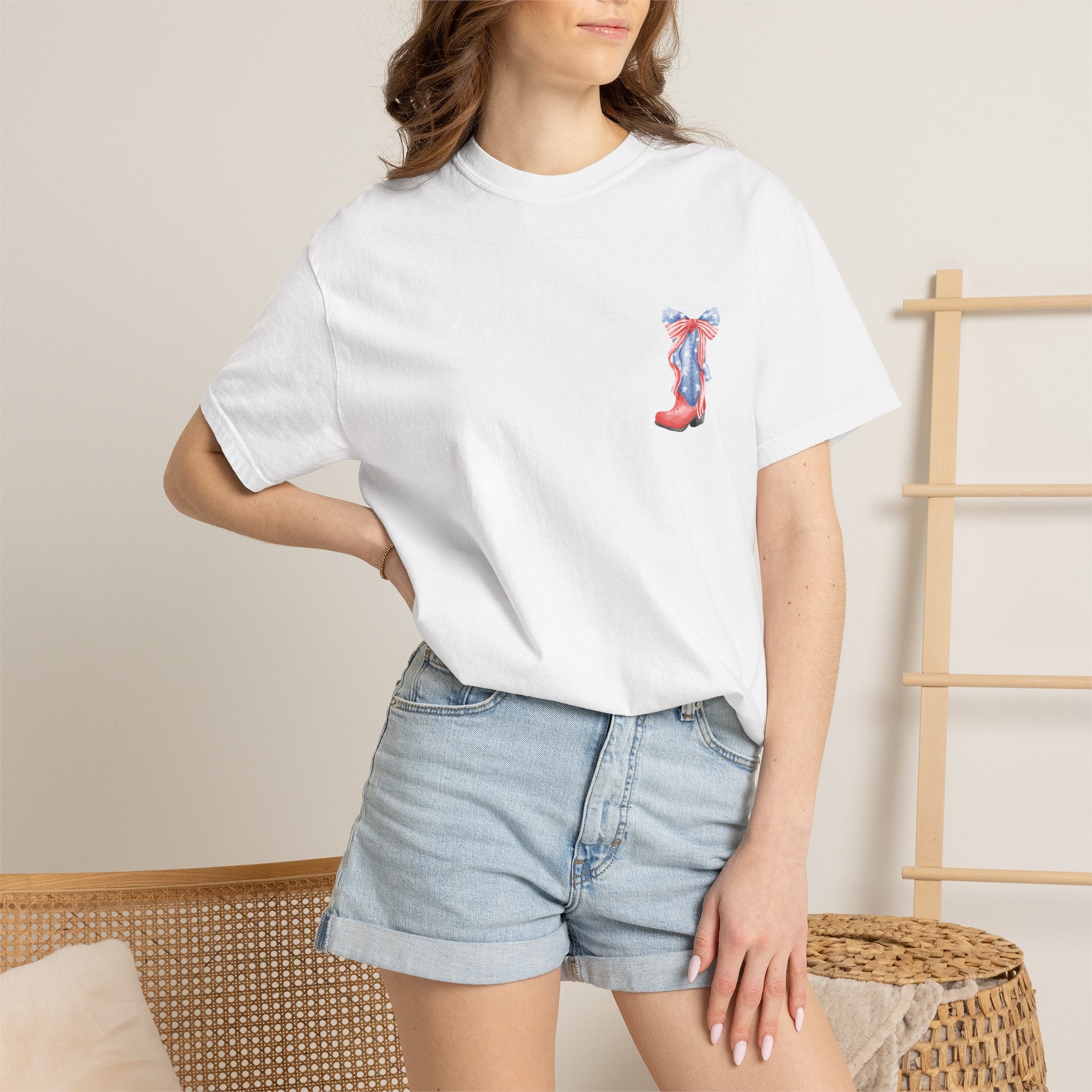 Patriotic Flag Bow T-Shirt — American Stars & Stripes Chest and Back Tee