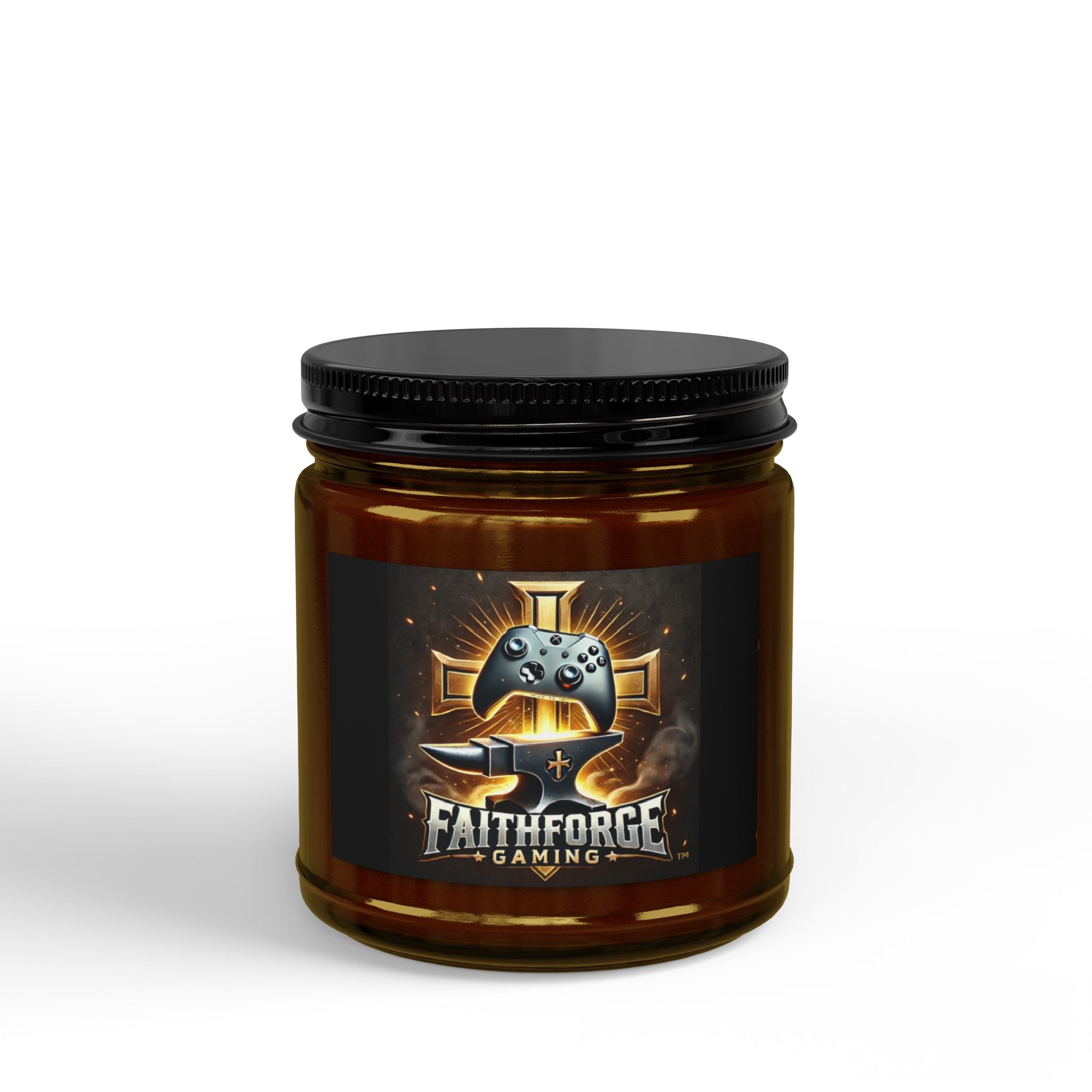 FaithForge Gaming Scented Soy Candle — Amber Jar with Black Lid (4oz & 9oz)
