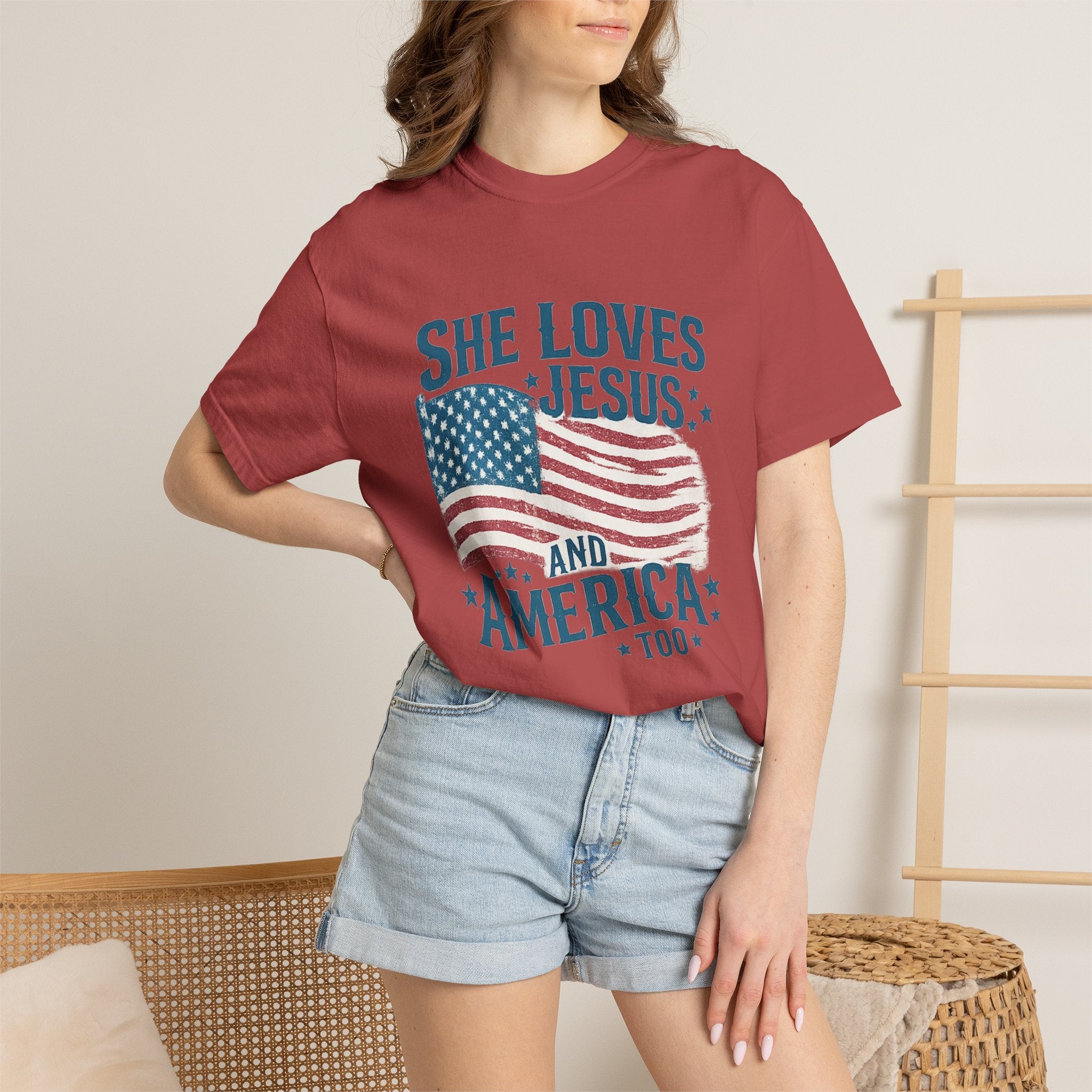 She Loves Jesus and America T-Shirt — Patriotic Christian Flag Tee