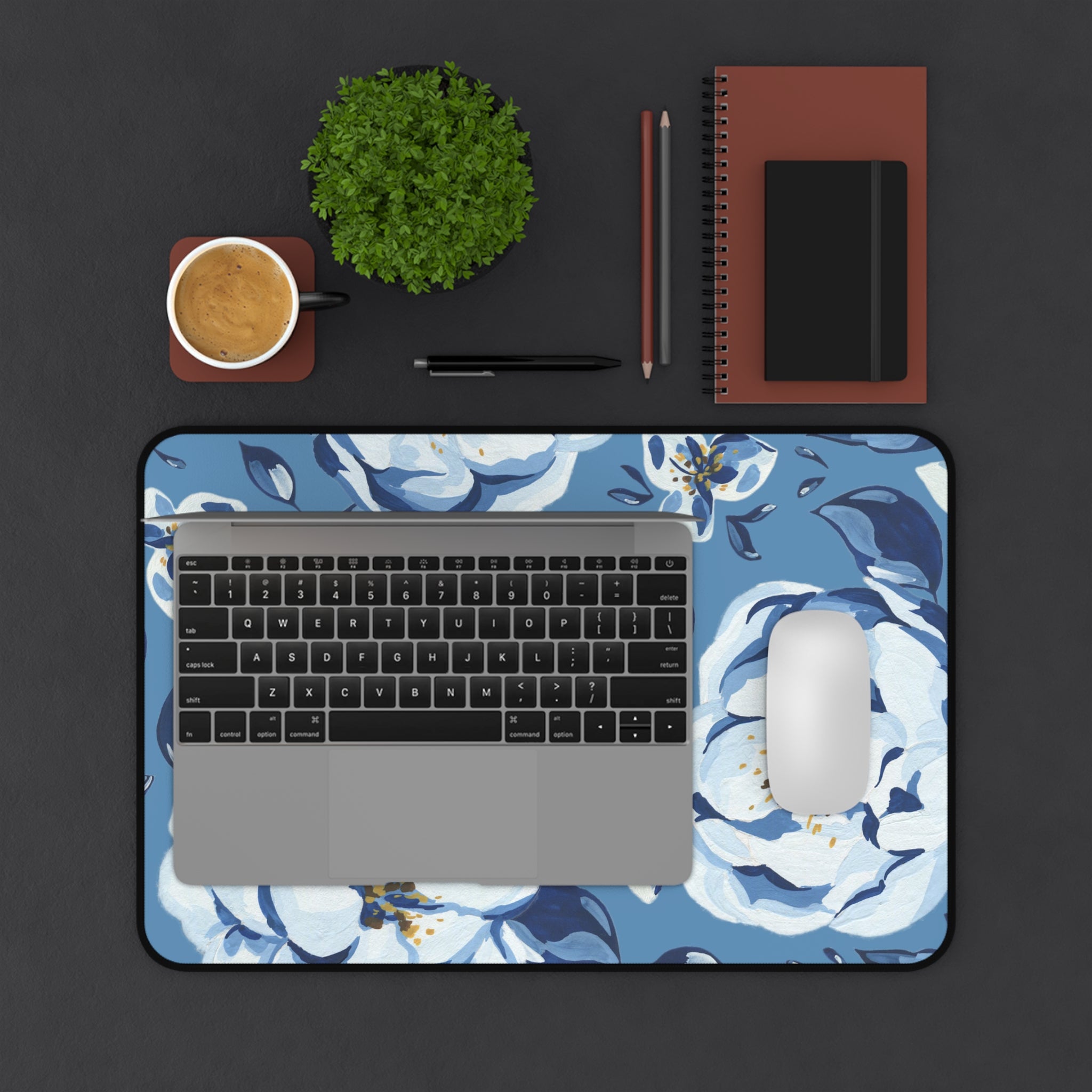 Blue Floral Desk Mat — Large Decorative Mousepad for Home Office
