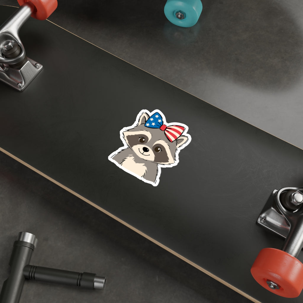 Patriotic Raccoon Die-Cut Sticker — Cute USA Flag Bow Decal for Laptops, Water Bottles & Notebooks