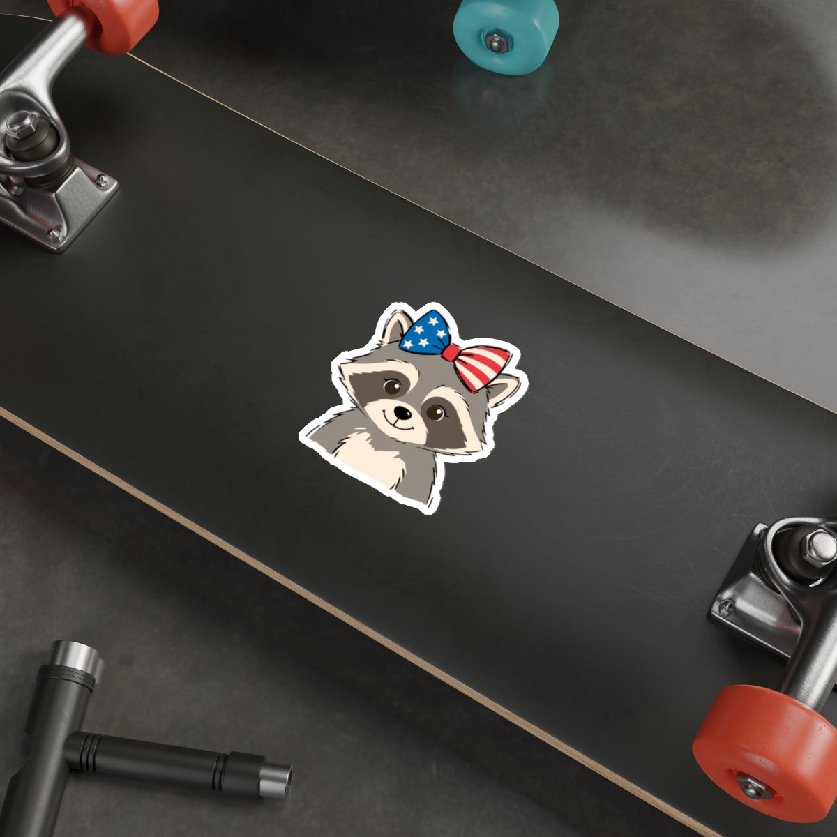 Patriotic Raccoon Die-Cut Sticker — Cute USA Flag Bow Decal for Laptops, Water Bottles & Notebooks