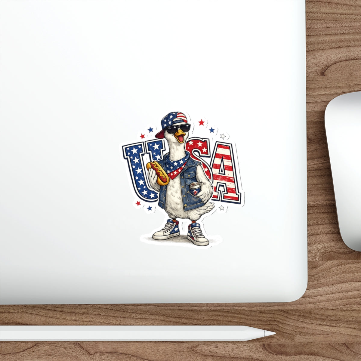 Patriotic GooseUSA Die-Cut Sticker — Funny American Flag Goose with Sunglasses & Hot Dog