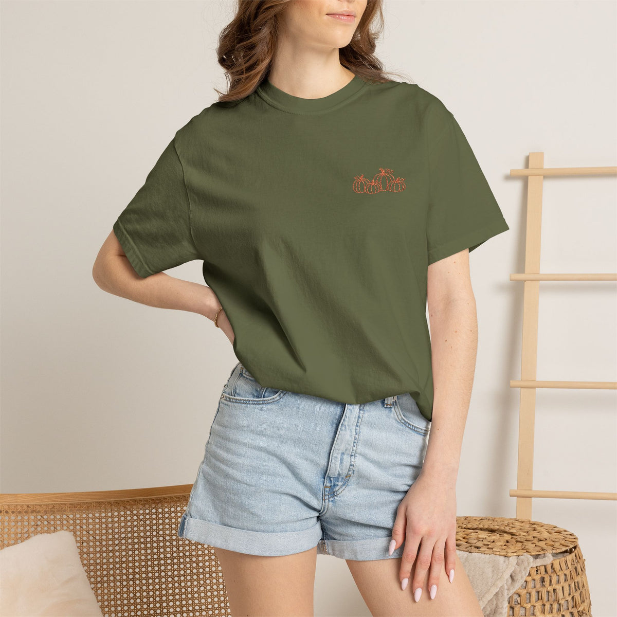 CutePocket Tee — Small Chest  pumpkin embroidered T-Shirt