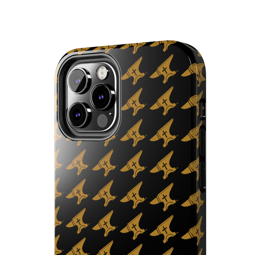 Gold Anvil Pattern Tough Phone Case — Durable Black & Metallic Repeat Design