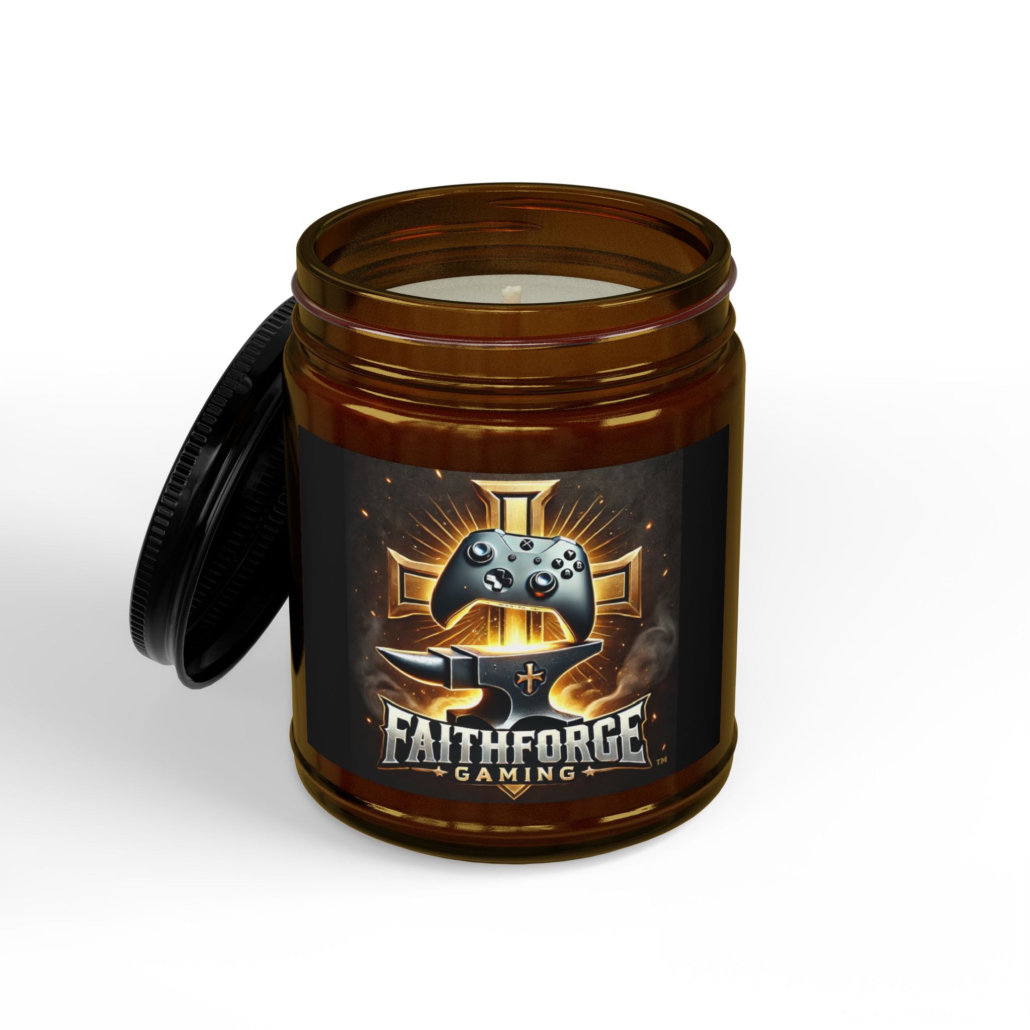 FaithForge Gaming Scented Soy Candle — Amber Jar with Black Lid (4oz & 9oz)