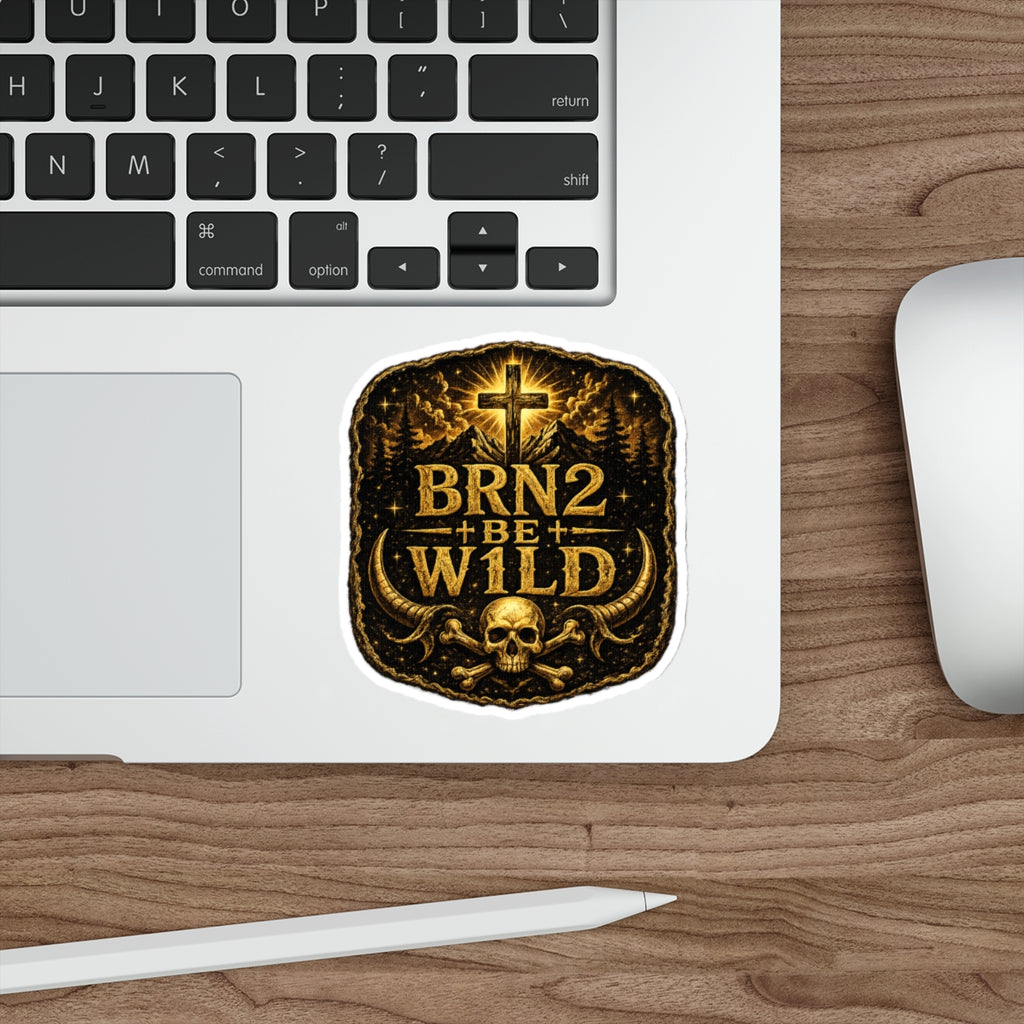 BRN2BEW1LD Die-Cut Sticker Indoor/Outdoor — Christian Skull Cross Outdoor Adventure Decal