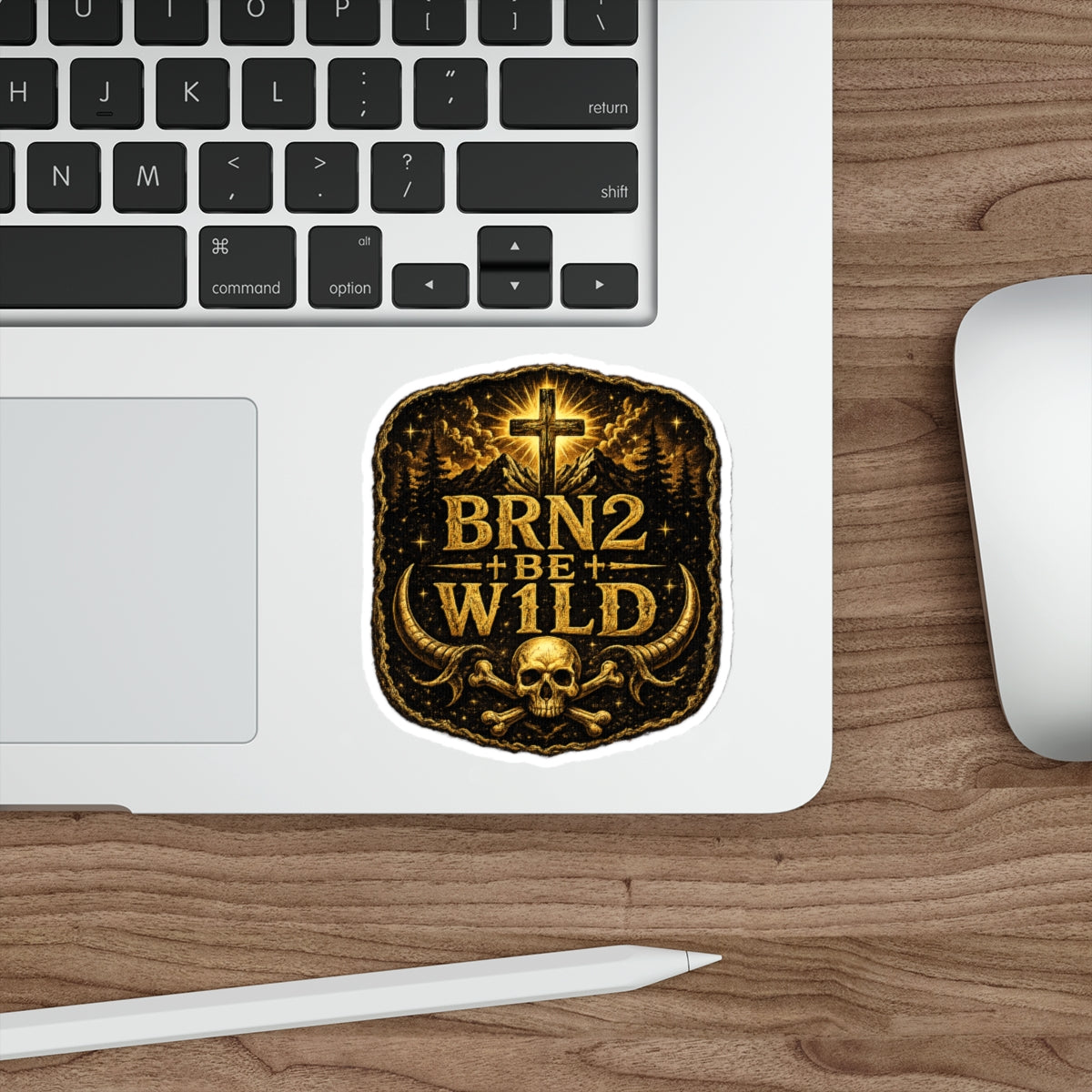 BRN2BEW1LD Die-Cut Sticker Indoor/Outdoor — Christian Skull Cross Outdoor Adventure Decal