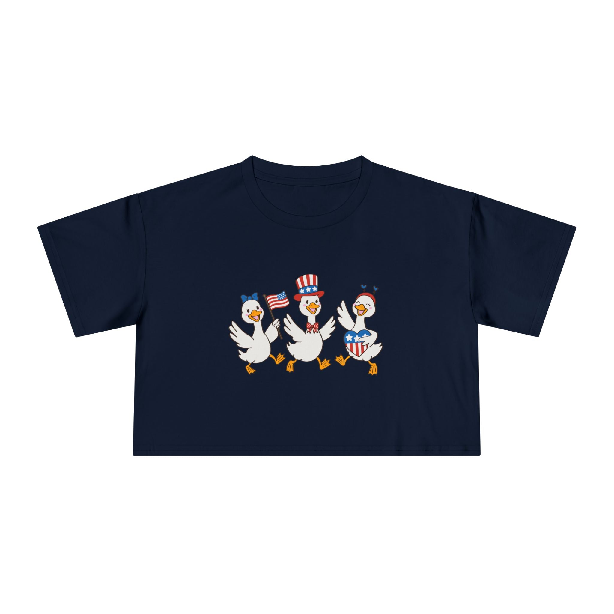 Patriotic Dancing Ducks Women's Crop Tee — 4th of July Cute Flag Design
