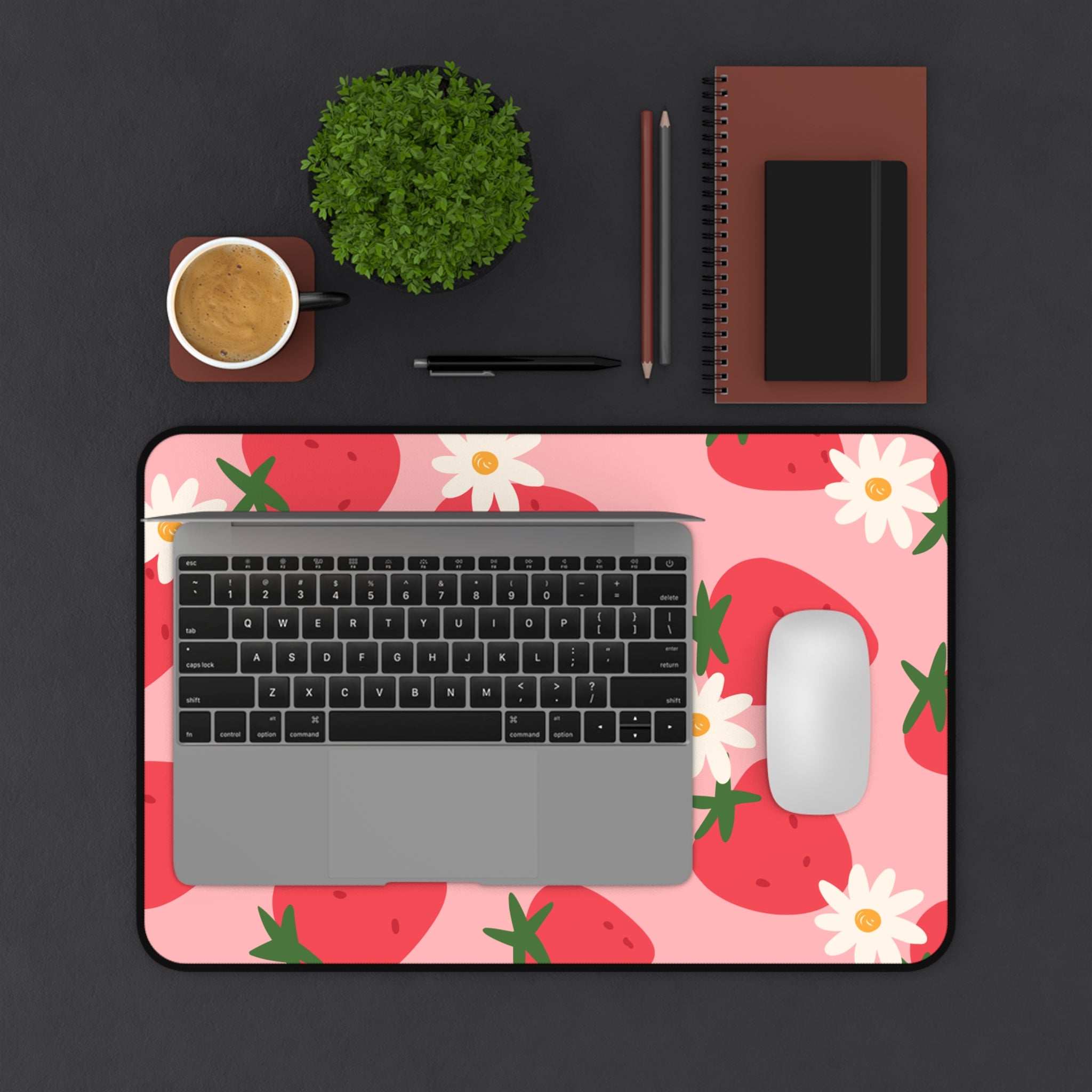Strawberry Daisy Desk Mat — Cute Pink Floral Mouse Pad