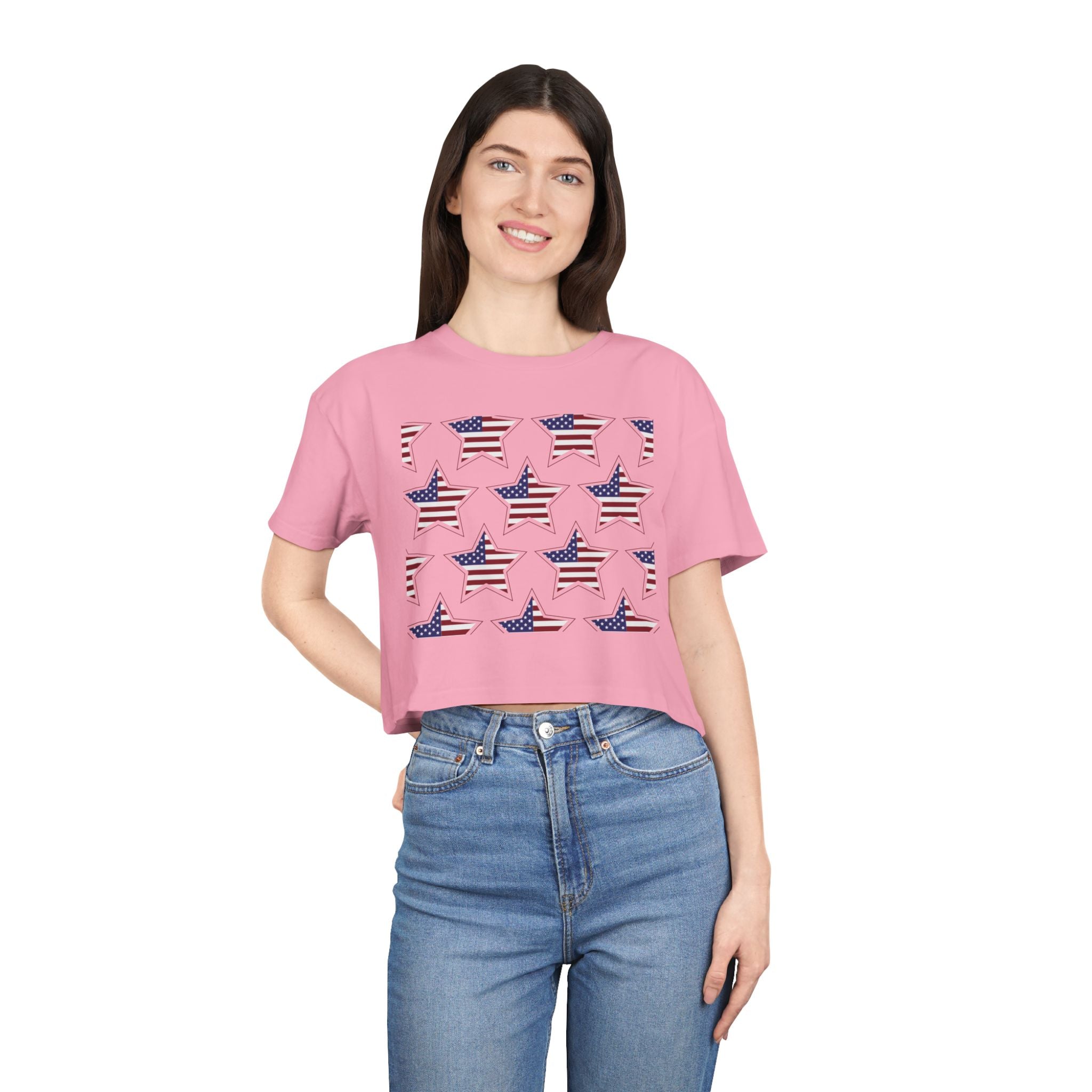 Women's Crop Tee — 'God Bless America' Patriotic Flag Print