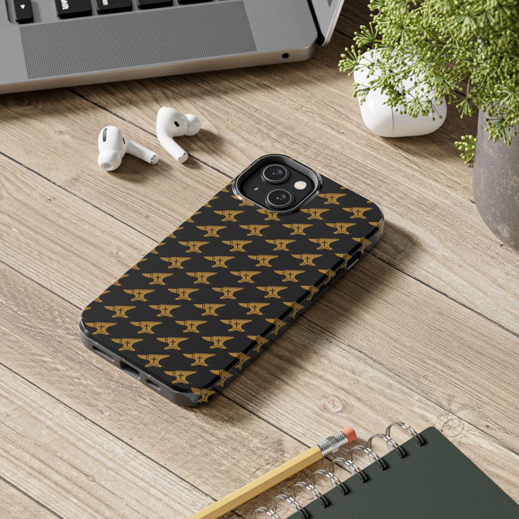Gold Anvil Pattern Tough Phone Case — Durable Black & Metallic Repeat Design