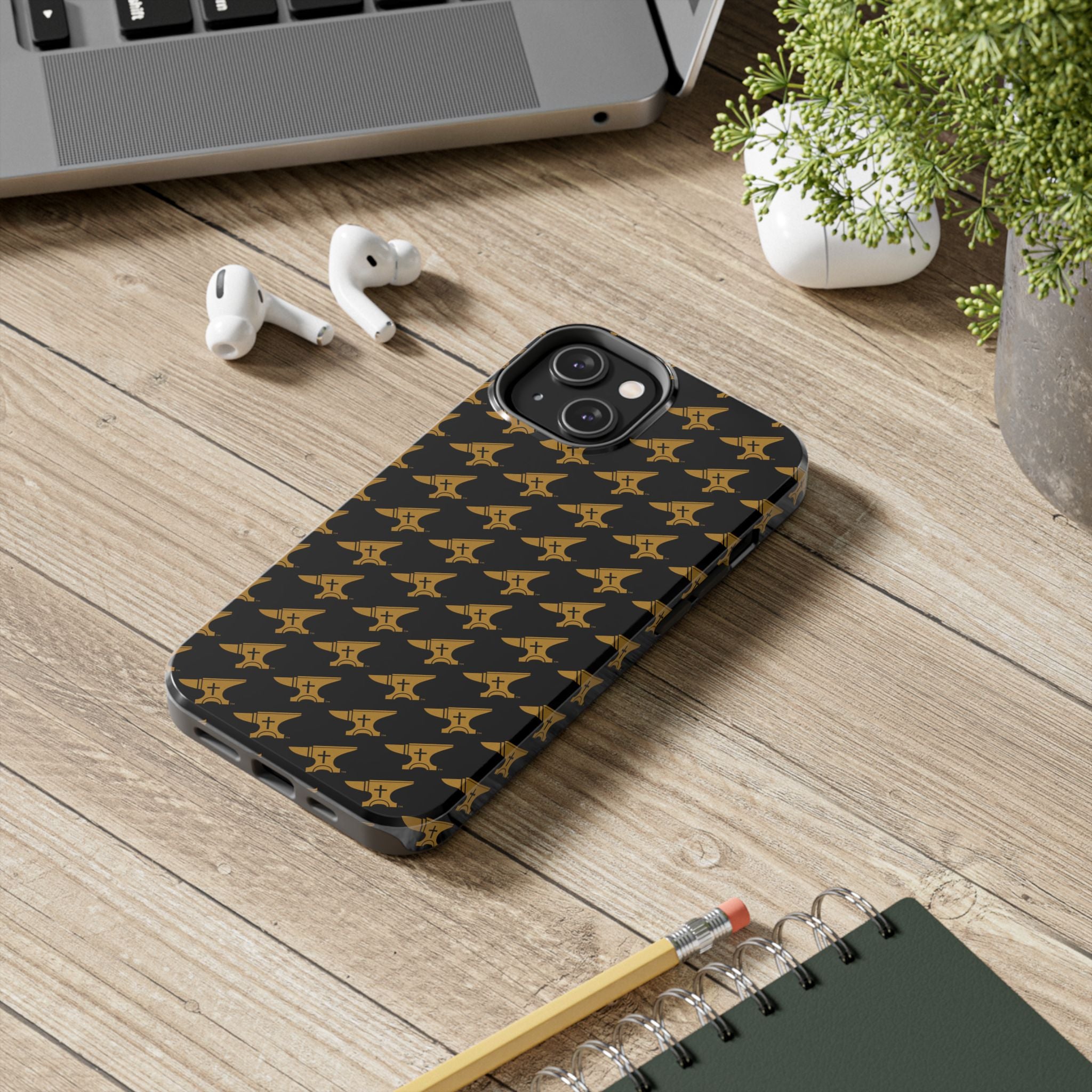 Gold Anvil Pattern Tough Phone Case — Durable Black & Metallic Repeat Design