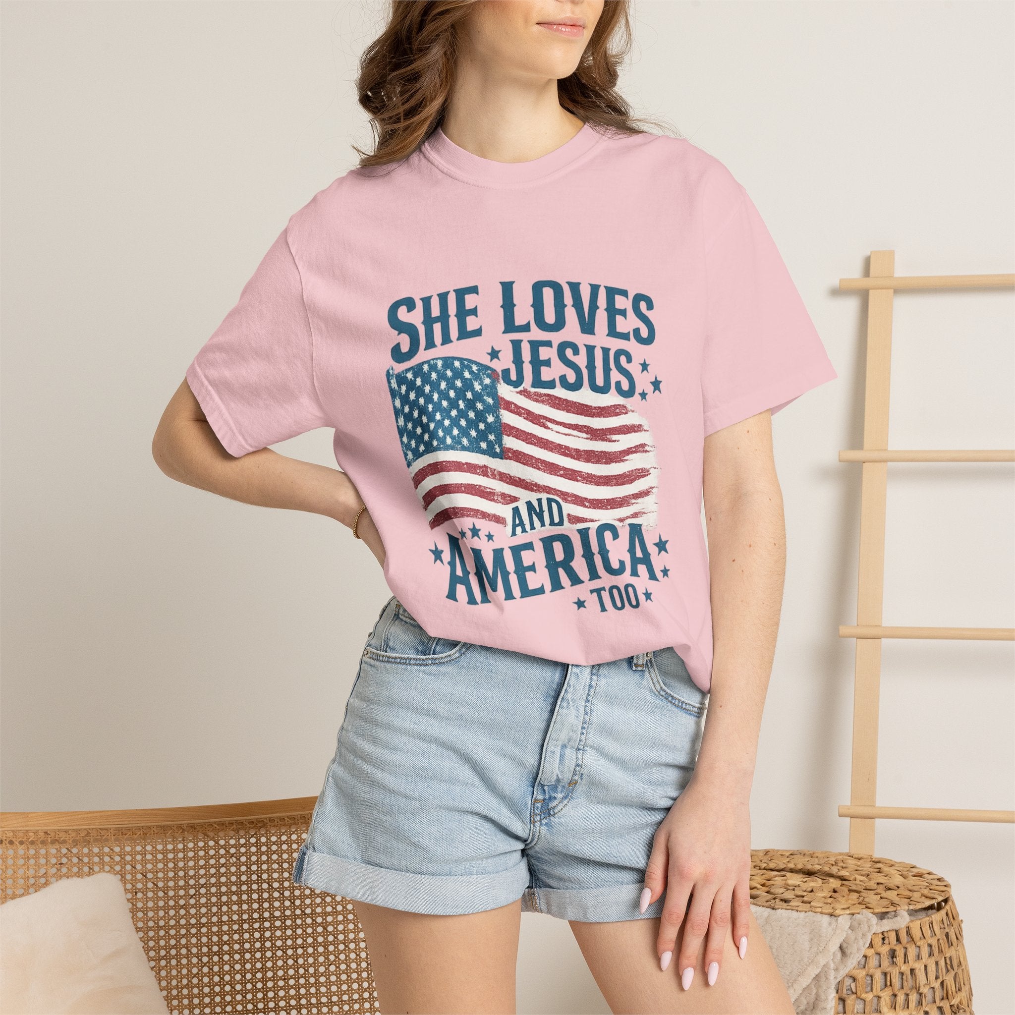 She Loves Jesus and America T-Shirt — Patriotic Christian Flag Tee