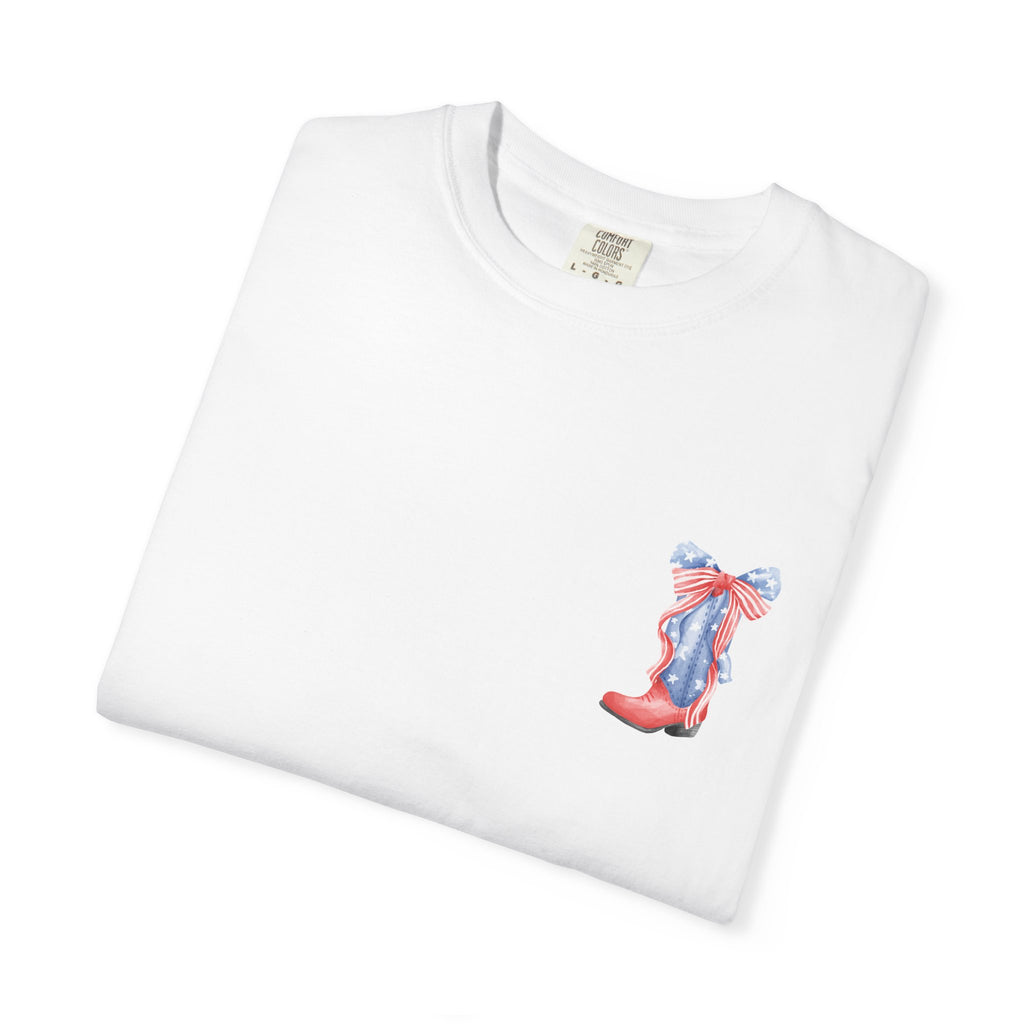 Patriotic Flag Bow T-Shirt — American Stars & Stripes Chest and Back Tee