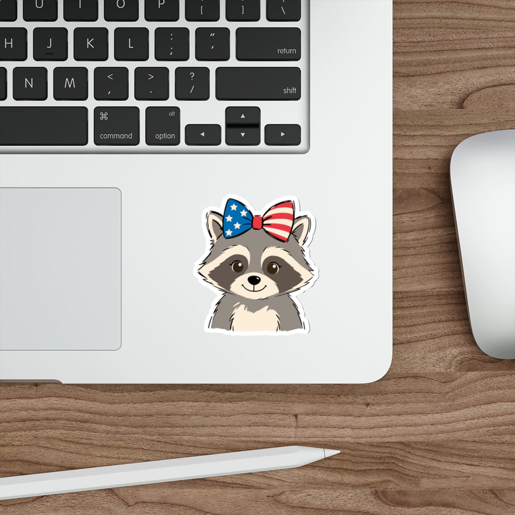 Patriotic Raccoon Die-Cut Sticker — Cute USA Flag Bow Decal for Laptops, Water Bottles & Notebooks