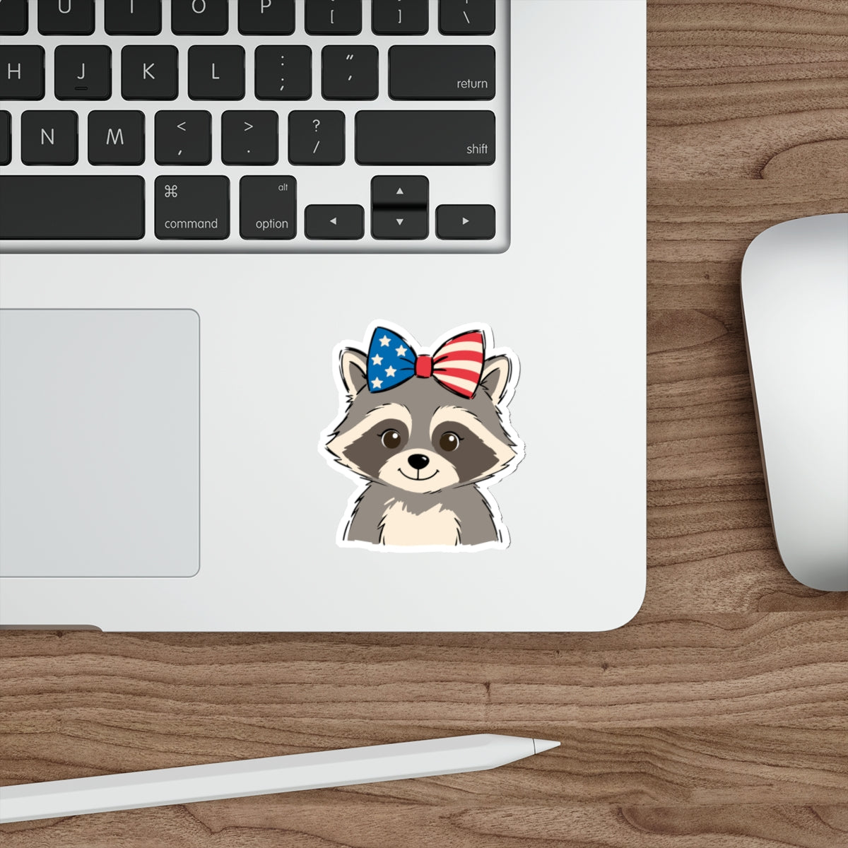 Patriotic Raccoon Die-Cut Sticker — Cute USA Flag Bow Decal for Laptops, Water Bottles & Notebooks