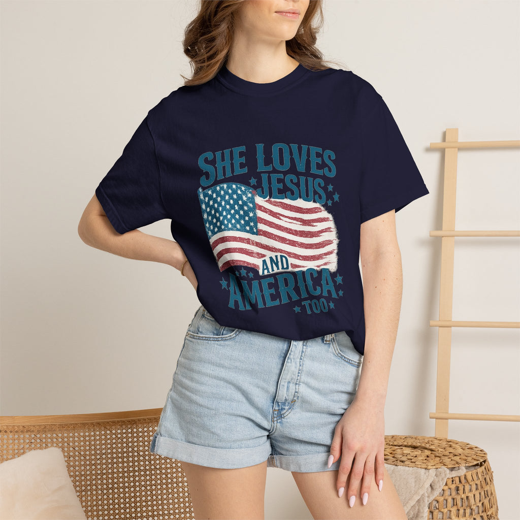 She Loves Jesus and America T-Shirt — Patriotic Christian Flag Tee
