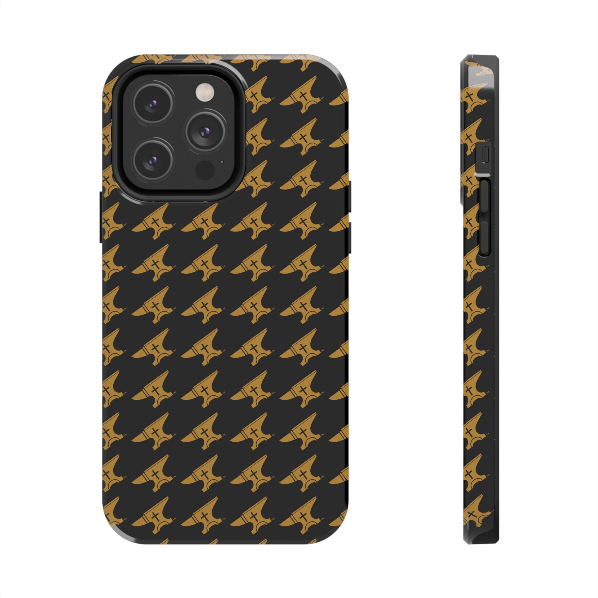 Gold Anvil Pattern Tough Phone Case — Durable Black & Metallic Repeat Design