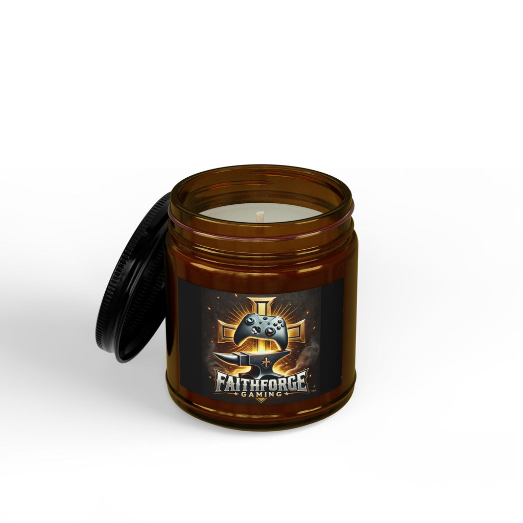 FaithForge Gaming Scented Soy Candle — Amber Jar with Black Lid (4oz & 9oz)