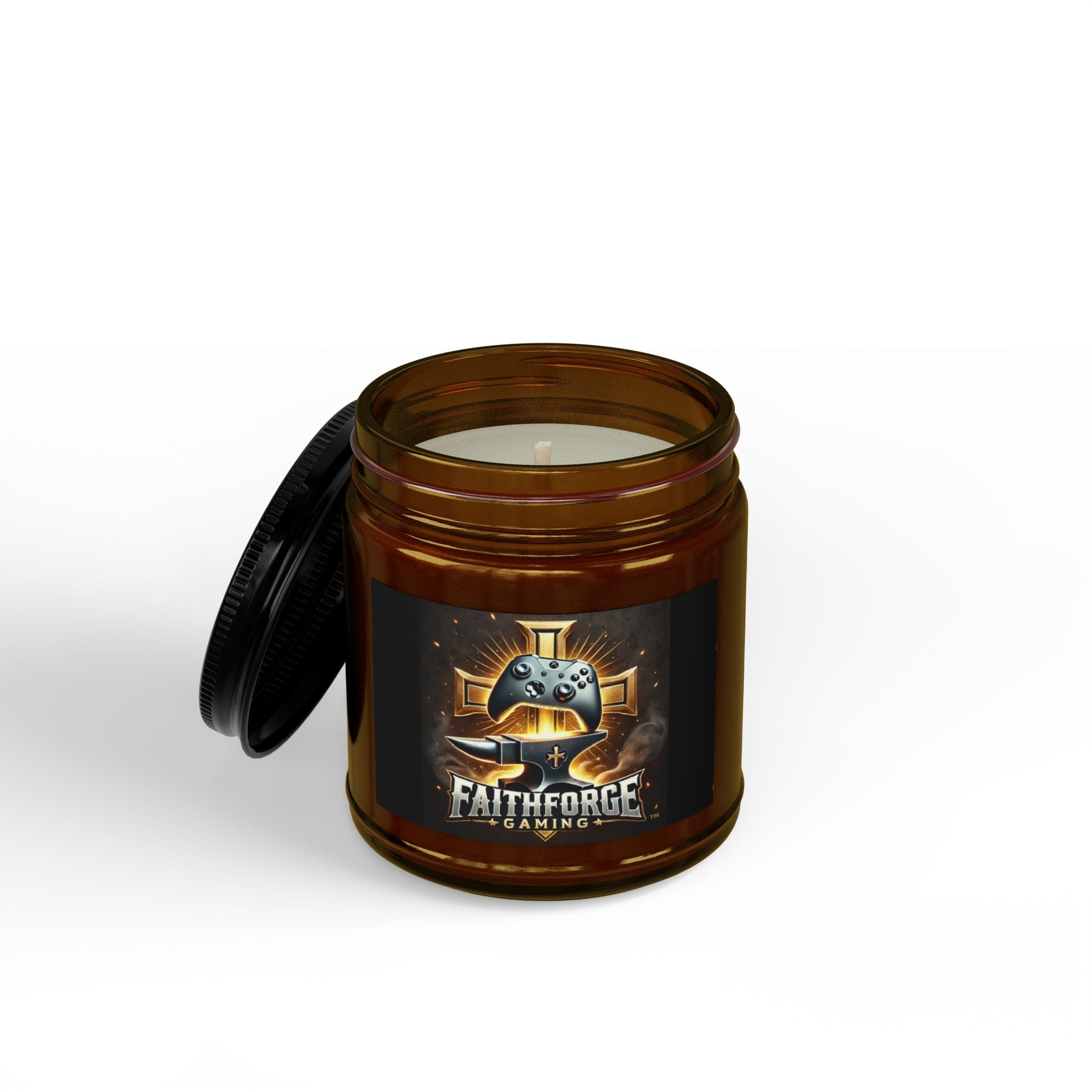 FaithForge Gaming Scented Soy Candle — Amber Jar with Black Lid (4oz & 9oz)