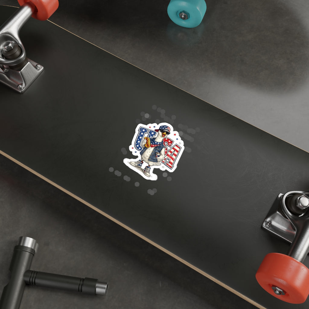Patriotic GooseUSA Die-Cut Sticker — Funny American Flag Goose with Sunglasses & Hot Dog