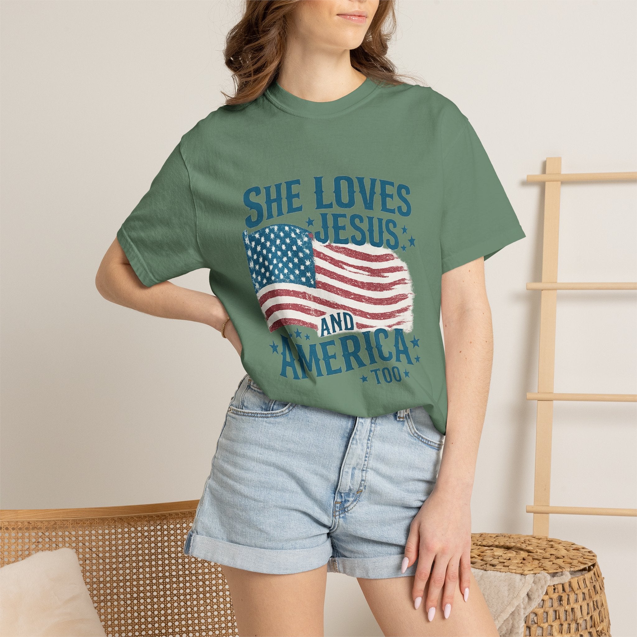 She Loves Jesus and America T-Shirt — Patriotic Christian Flag Tee