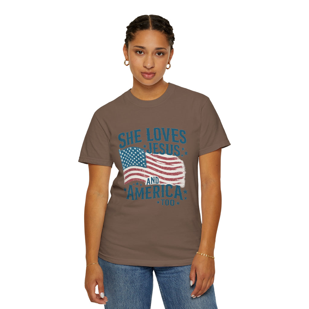 She Loves Jesus and America T-Shirt — Patriotic Christian Flag Tee