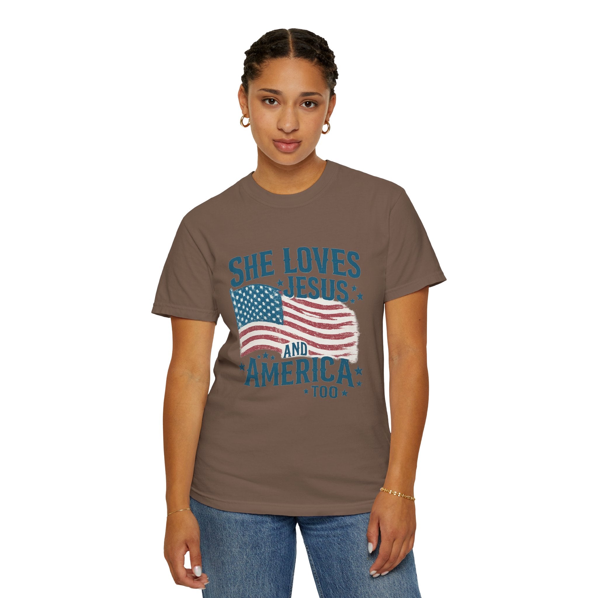 She Loves Jesus and America T-Shirt — Patriotic Christian Flag Tee