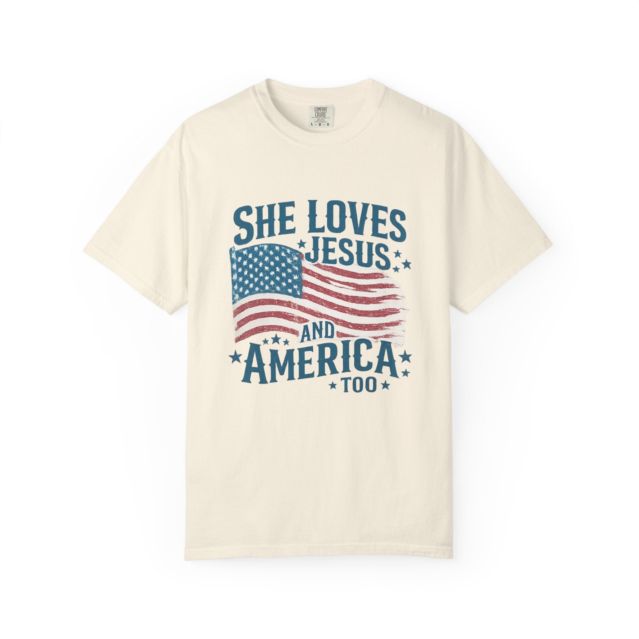 She Loves Jesus and America T-Shirt — Patriotic Christian Flag Tee