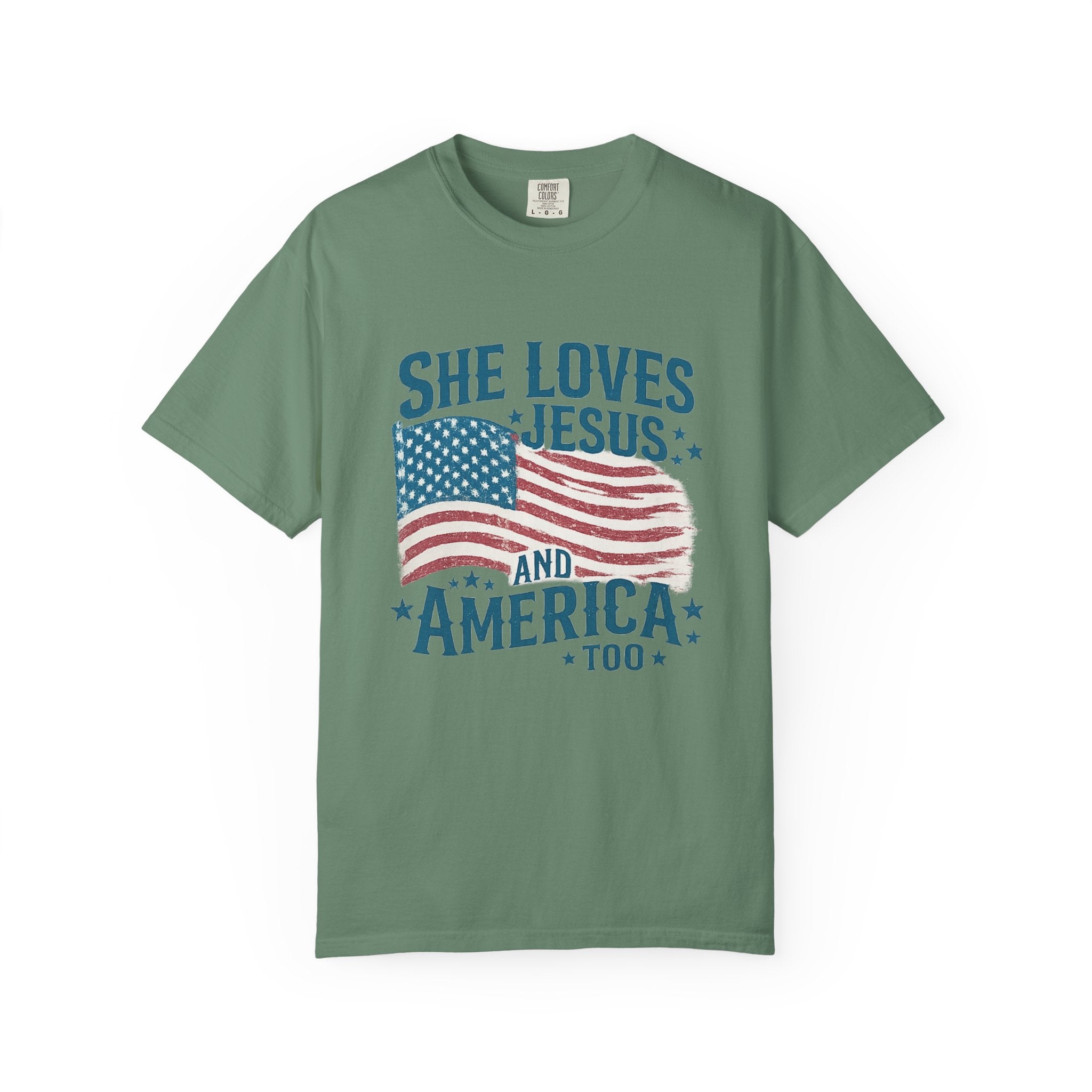 She Loves Jesus and America T-Shirt — Patriotic Christian Flag Tee