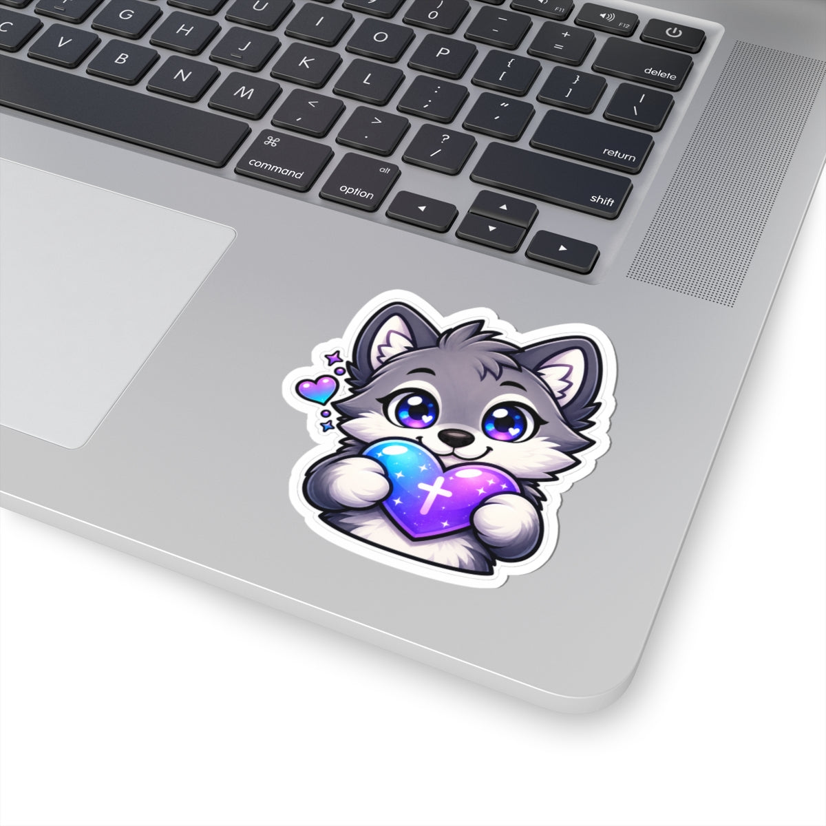 Cute Wolf Holding Heart Sticker — Seawolf Christian Wolf Vinyl Sticker
